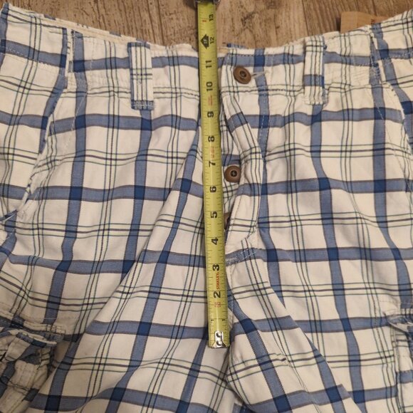 Hollister Mens 33 (measures 37x10) White Blue Plaid Cargo Shorts Button Fly - Picture 5 of 11
